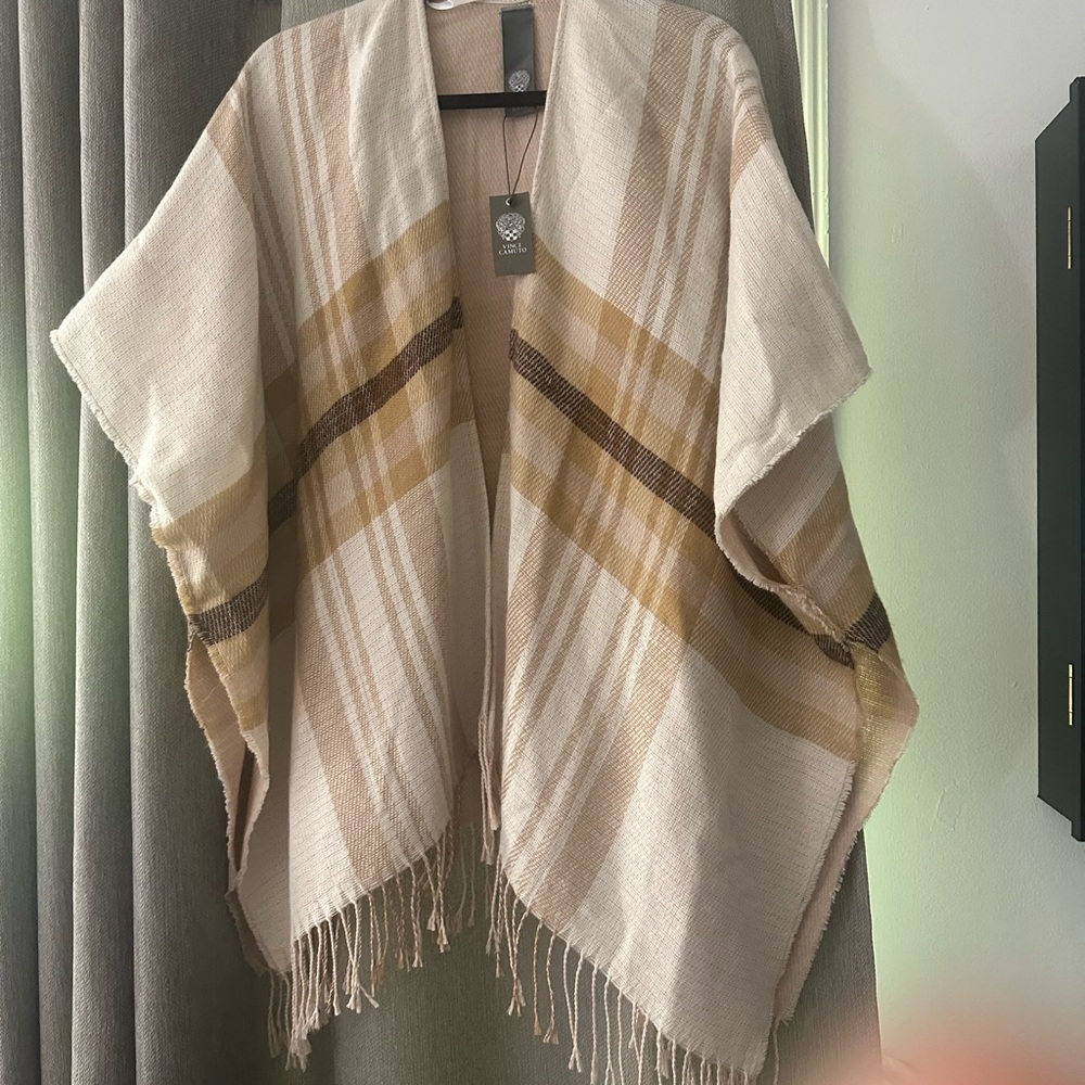 Cream and Brown Poncho with Fringe Accents
